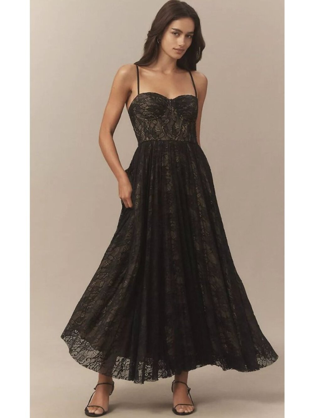Anthropologie Hutch Amara Fit Flare Pleated Midi Dress Size 10 Black Lace Corset
